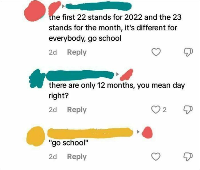 Screenshot of a funny online comment thread showing confusion over months and days with a “go school” reply.