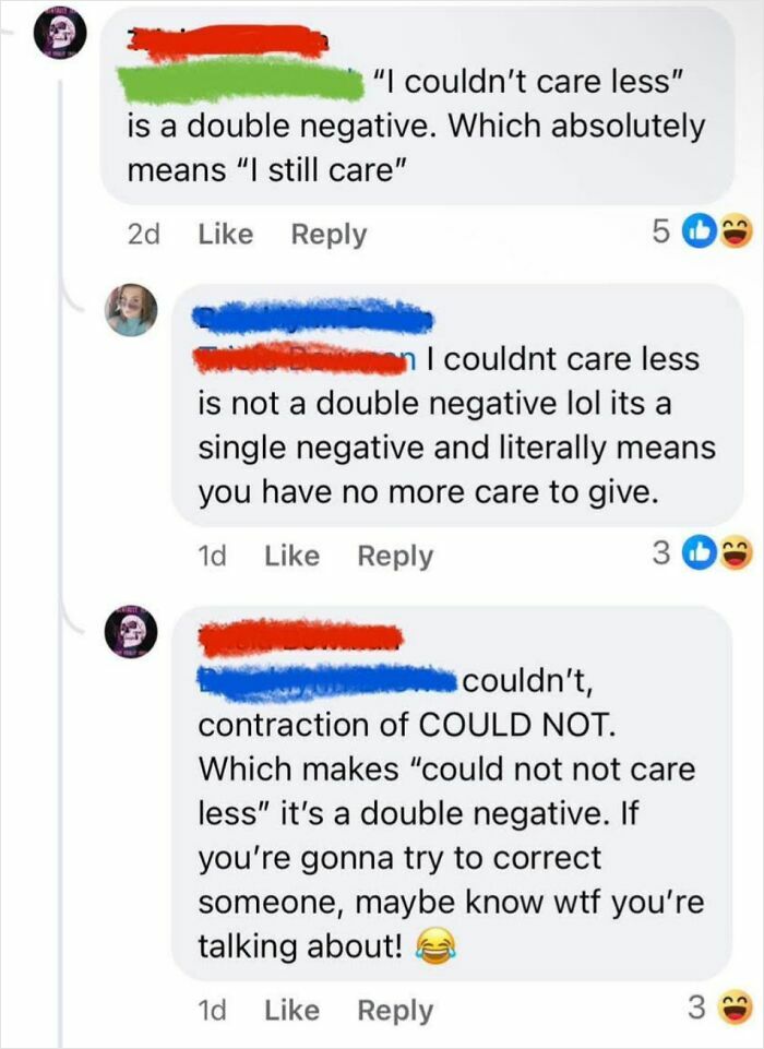 Screenshot of a social media debate about the phrase "I couldn’t care less," showing misunderstandings in American English usage.