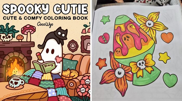 A cozy scene featuring a cute ghost and cat from a coloring book, capturing sweet discoveries that bring major aww moments.