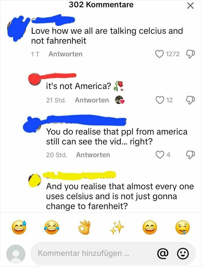 Comments discussing the use of Celsius versus Fahrenheit in America, highlighting cultural differences and confusion online.