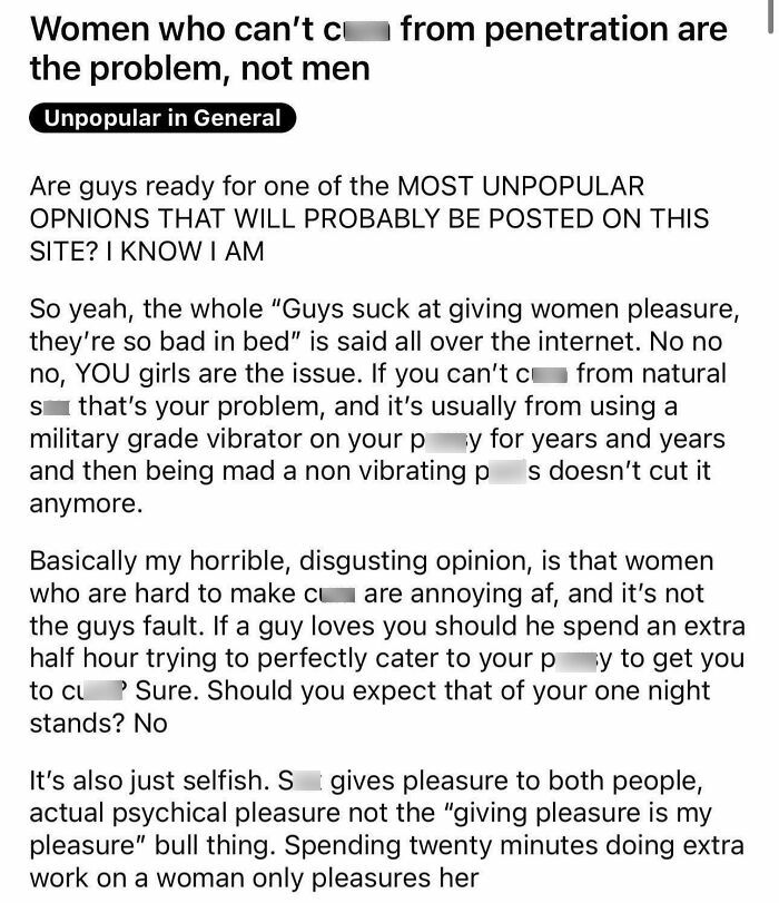 Misogynist opinion post blaming women for s****l satisfaction issues, sparking backlash and reality check responses online.