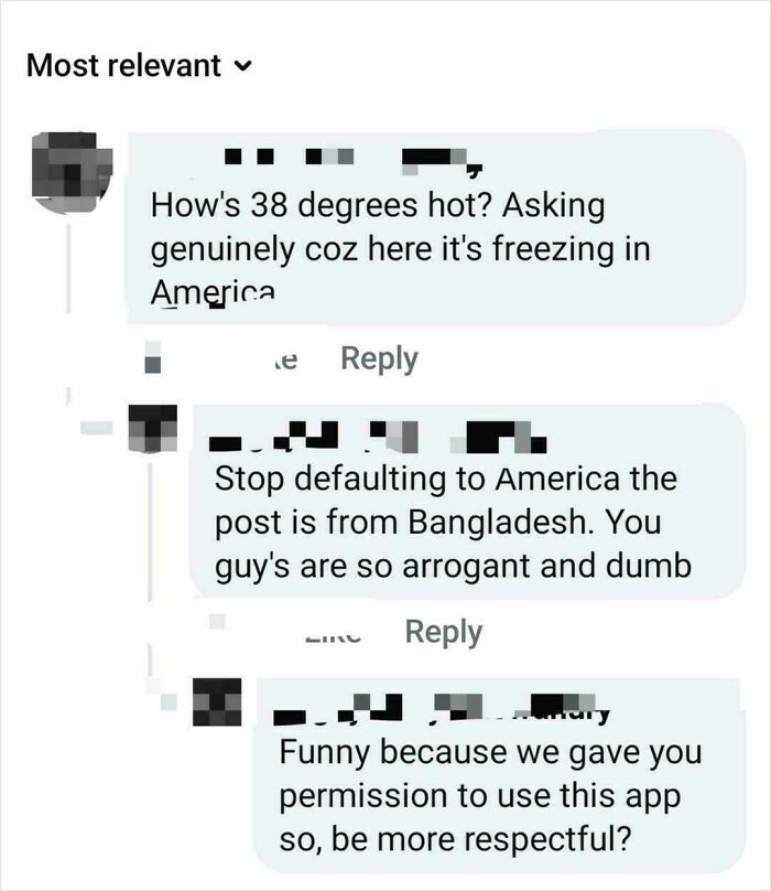 Screenshot of a social media comment thread showing a debate about America and Bangladesh with sarcastic remarks.