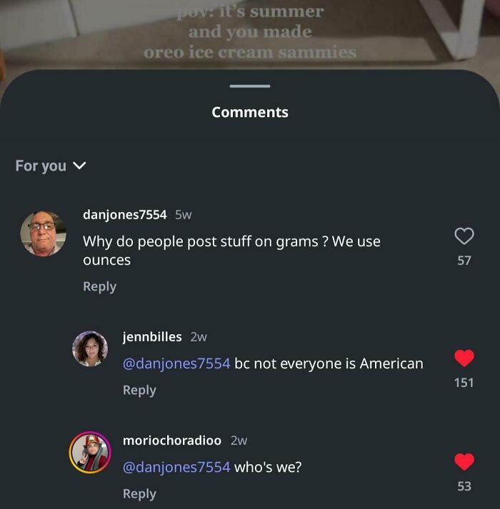 Social media comments debating use of grams vs ounces with humorous replies about American measurement standards.