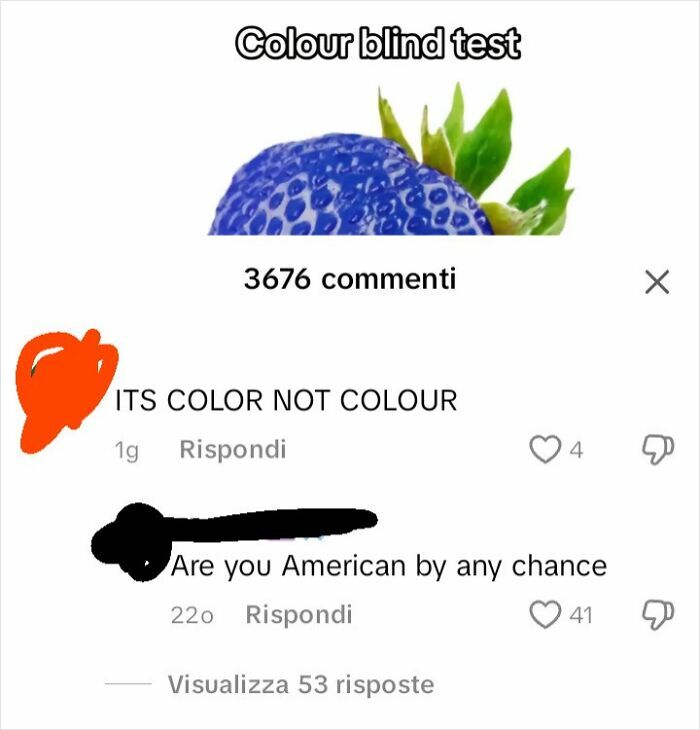 Screenshot of a colour blind test comment thread with a debate over American spelling differences.