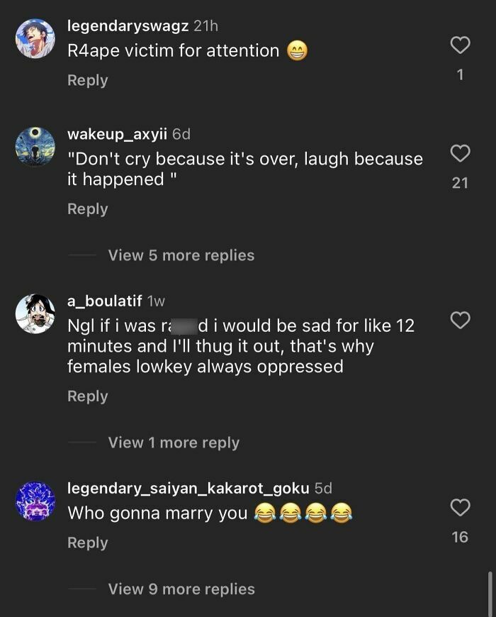 Screenshot of social media comments showing backlash against misogynists with reality checks and criticism.