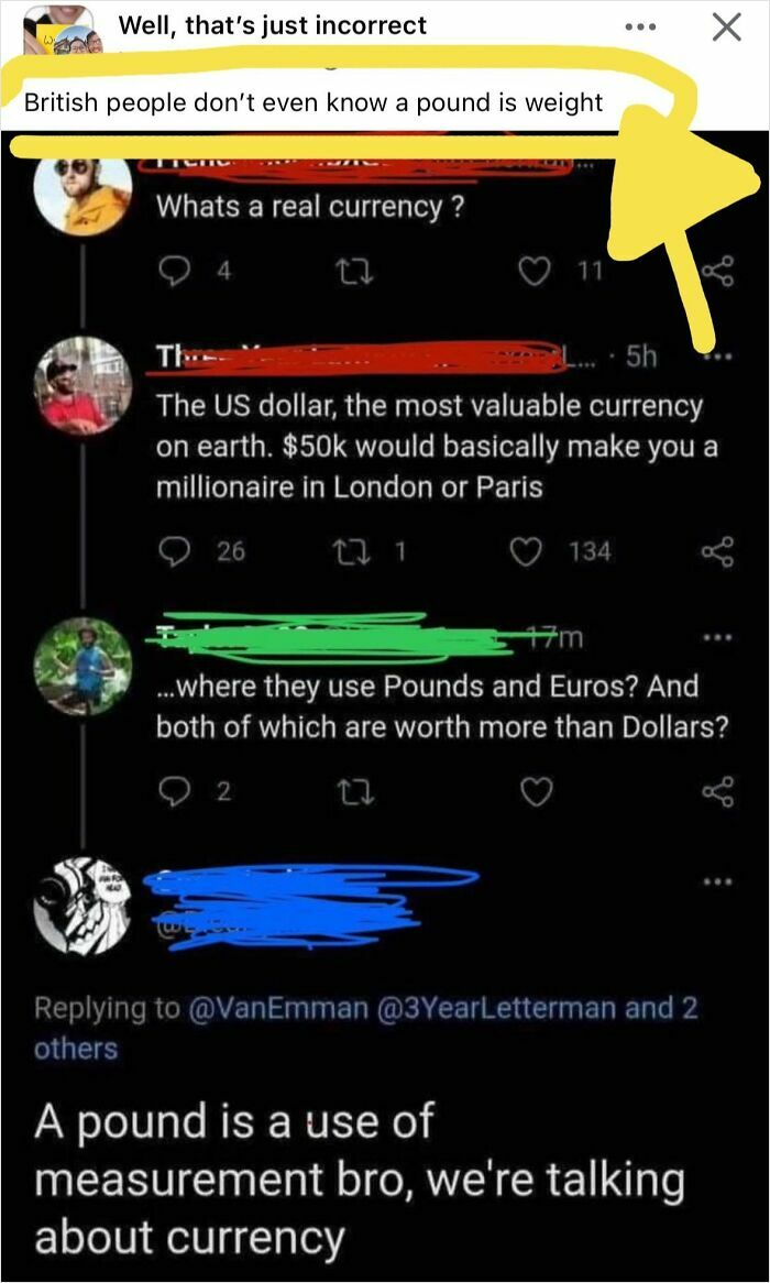 Online group shaming overconfident know-it-alls incorrectly correcting others in a humorous currency debate.