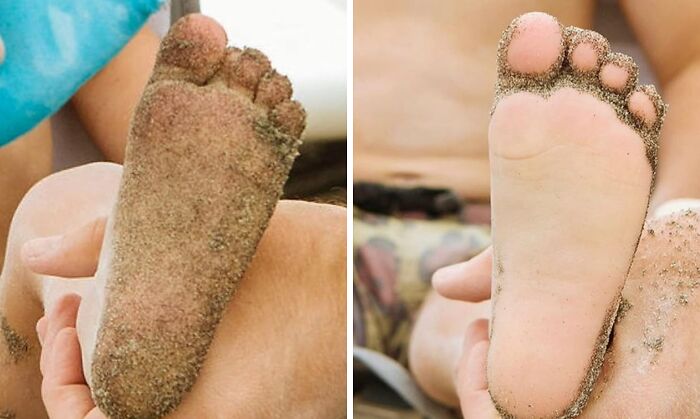 Close-up of sandy and clean bare feet held by hands, highlighting beach day comfort and sun, sand experiences.