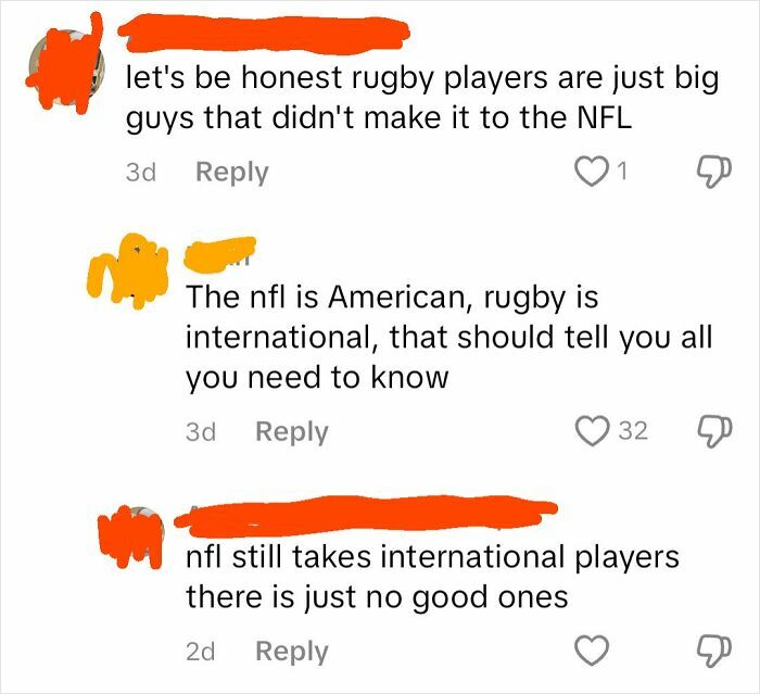 Screenshot of a social media debate about NFL and rugby players, illustrating Americans that made the world facepalm.