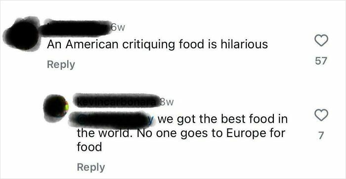 Screenshot of social media comments where users debate American food quality and international food preferences.