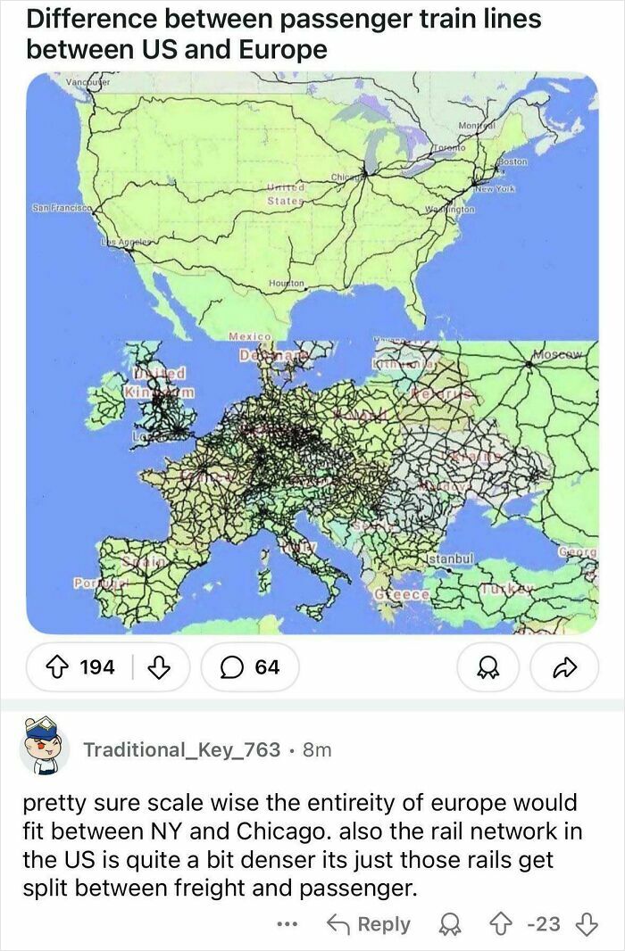 Map showing the difference between passenger train lines density in the US and Europe with a user comment below.