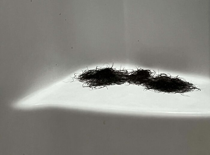 Clumps of hair clogged in a white gym shower drain, illustrating an annoying gym moment many runners dread.