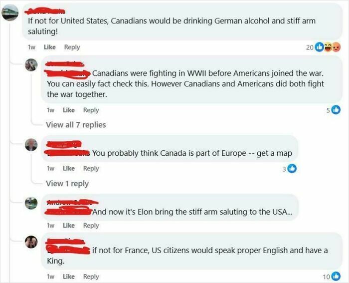 Screenshot of online comments debating American and Canadian history and culture, highlighting American hero discussions.