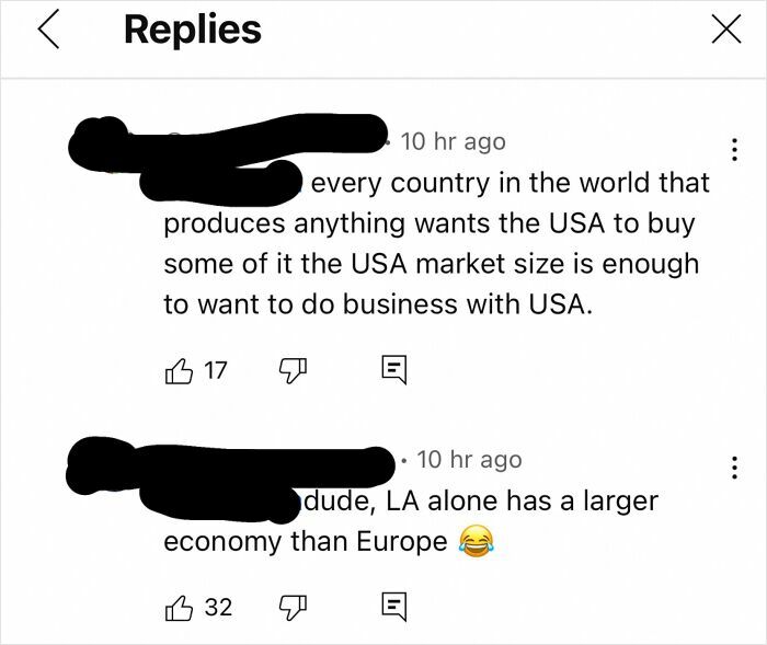 Screenshot of online replies discussing the USA's market size and economy larger than Europe in a business context.