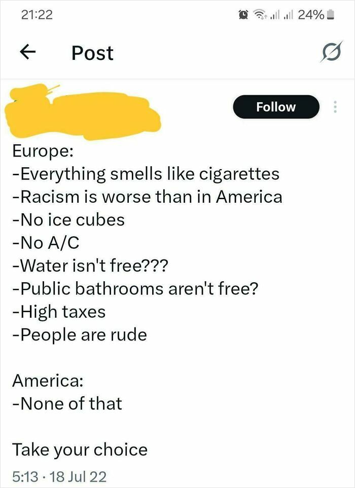 Social media post comparing Europe and America, highlighting differences that made the rest of the world facepalm.