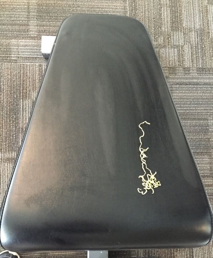 Black gym bench with pieces of pasta left on the seat, illustrating annoying gym moments that disrupt workouts.
