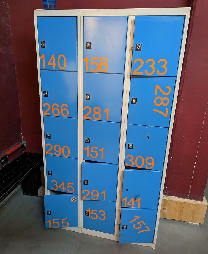 Blue gym lockers with multiple open and broken doors, illustrating annoying gym moments and frustrations for users.