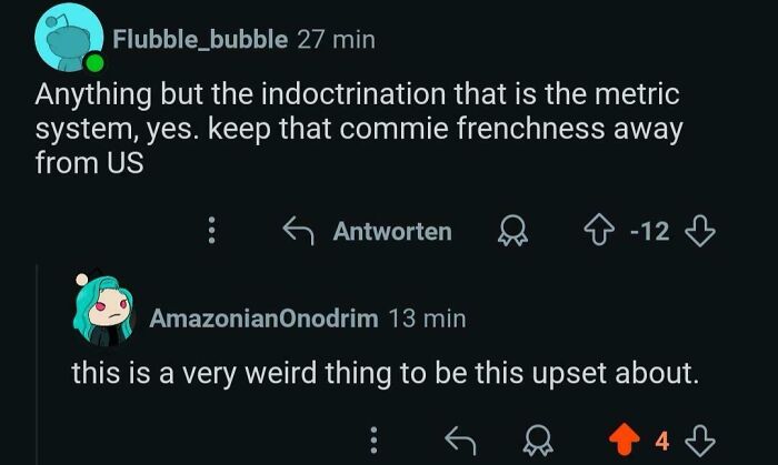 Screenshot of a social media exchange about the US rejecting the metric system, referencing Americans who made others facepalm.