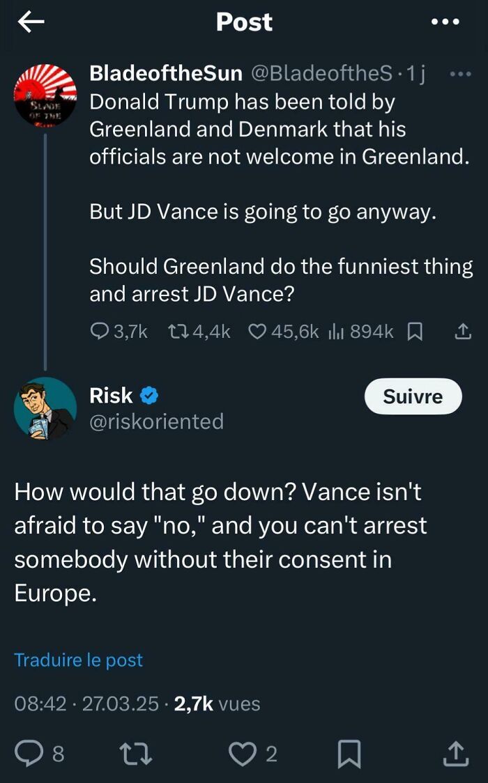 Twitter conversation about JD Vance's potential visit to Greenland and reactions from Denmark and Greenland officials.