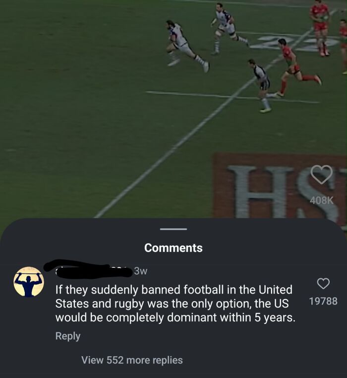 Rugby players sprinting on a field with a social media comment about American dominance in rugby sports.