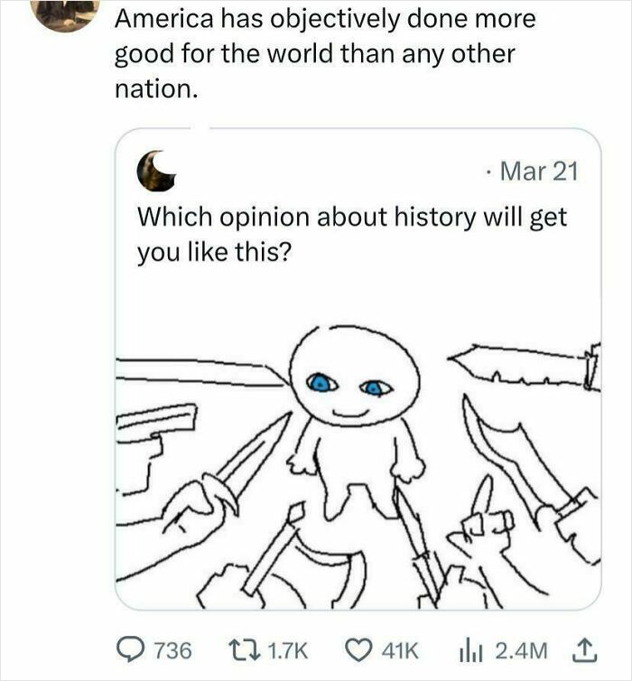 Twitter post discussing American history opinions with a simple cartoon character surrounded by knives and weapons.