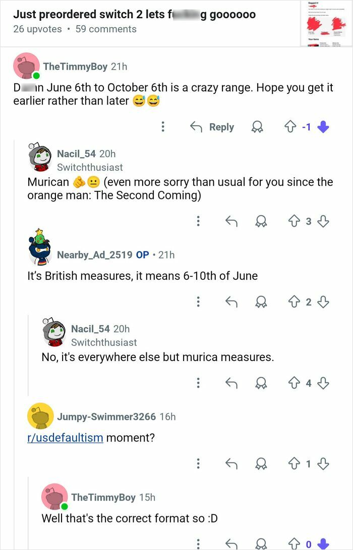 Reddit users discussing the confusing date format and cultural differences causing a global facepalm moment.