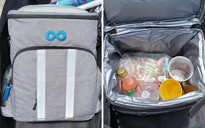 Gray insulated cooler backpack with sun protection gear and snacks for a beach day upgrade on sand and sun.