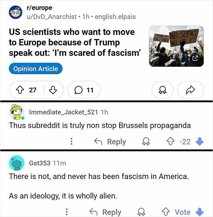 Reddit comments discussing US scientists fearing fascism under Trump, linked to European migration and ideology debates.