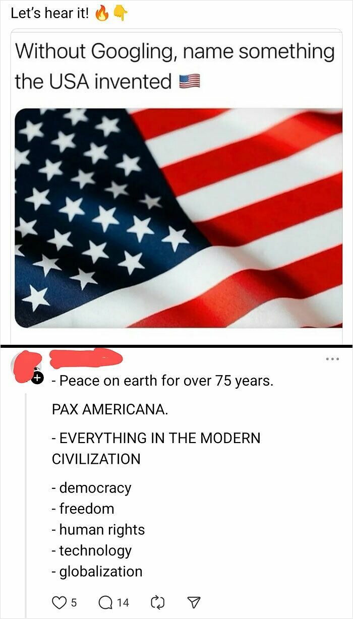 Image showing a social media post questioning USA inventions with a comment listing democracy and freedom.