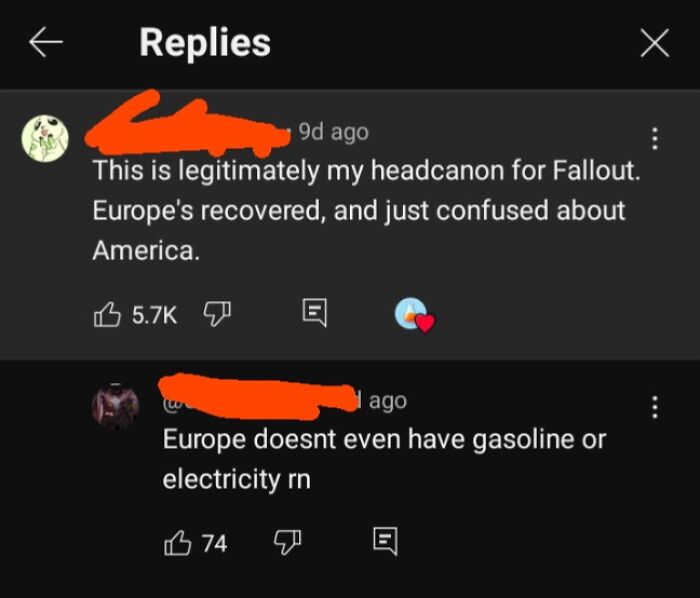 Screenshot of online replies discussing America and Europe in a post-apocalyptic Fallout headcanon conversation.