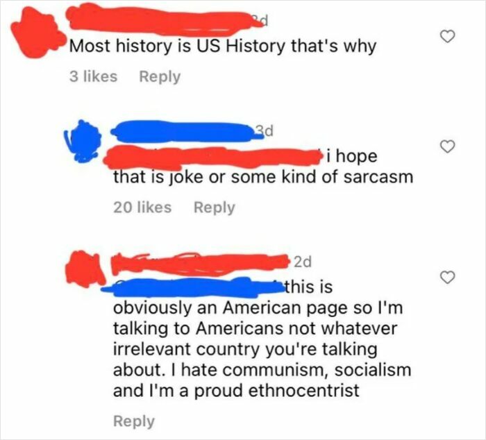 Screenshot of a heated online comment thread discussing American history and ethnocentrism with several replies.