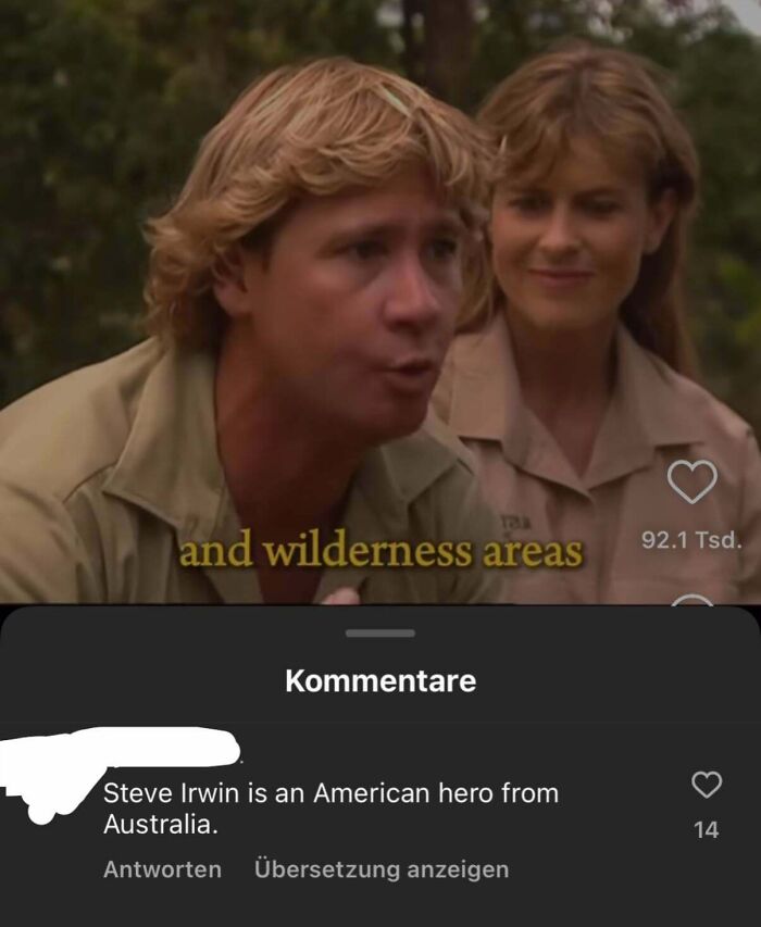 Steve Irwin speaking about wilderness areas, with a woman smiling in an outdoor setting, highlighting American hero keyword.