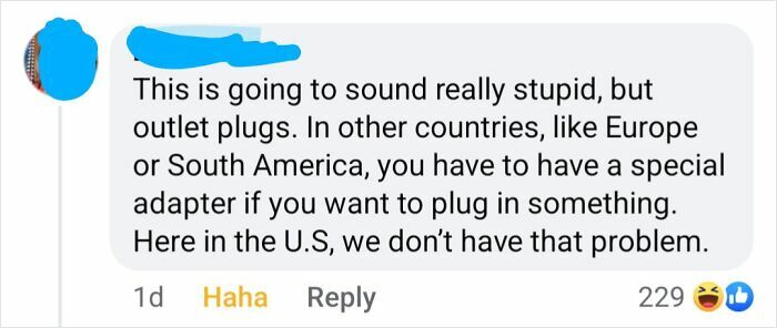 Screenshot of a social media comment discussing outlet plugs and highlighting American convenience compared to other countries.