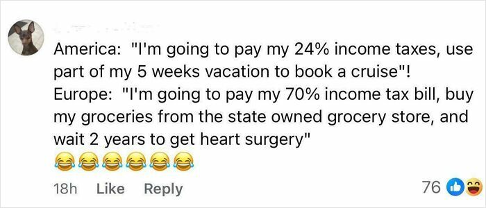 Screenshot of a social media post comparing American and European income taxes with humorous emojis.