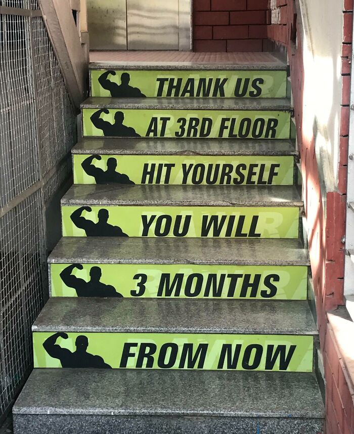 Staircase with gym motivational quotes and bodybuilder silhouettes, highlighting annoying gym moments and workout challenges.