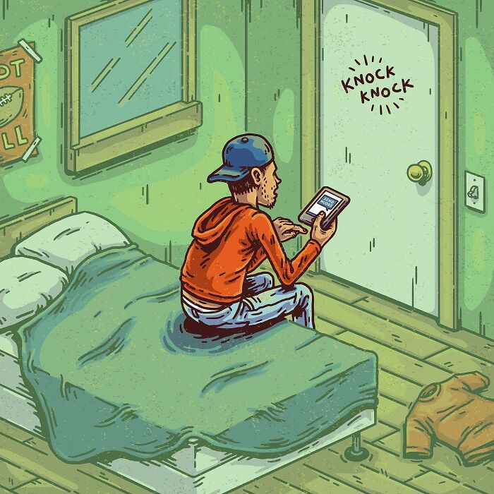 Absurd comic showing a man in a surreal room with a tablet and a door knocking in an everyday scene turned strange.