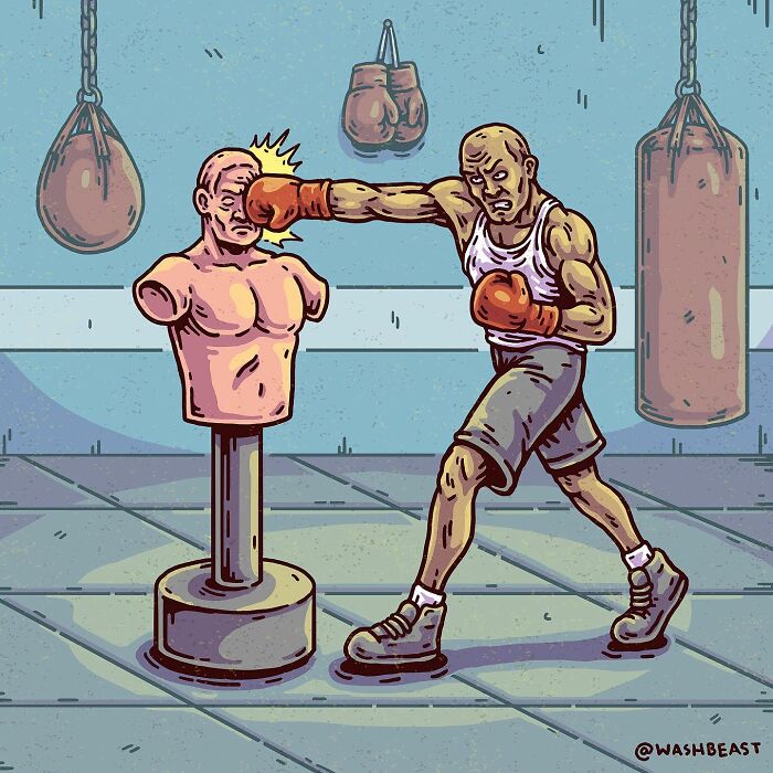 Surreal comic scene showing a boxer punching a training dummy with a face in an unusual, absurd style.