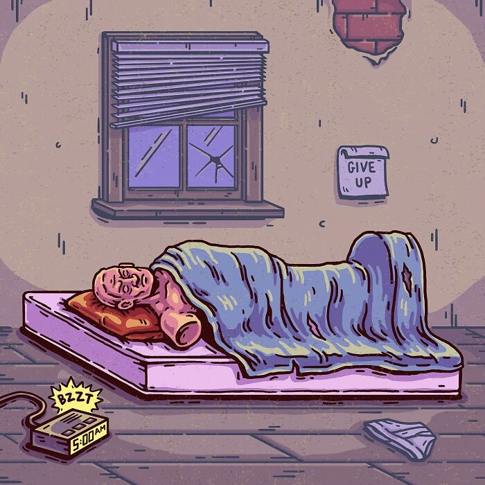 Surreal comic scene showing a dismembered figure sleeping on a mattress with an alarm buzzing at 5 AM in a bare room.