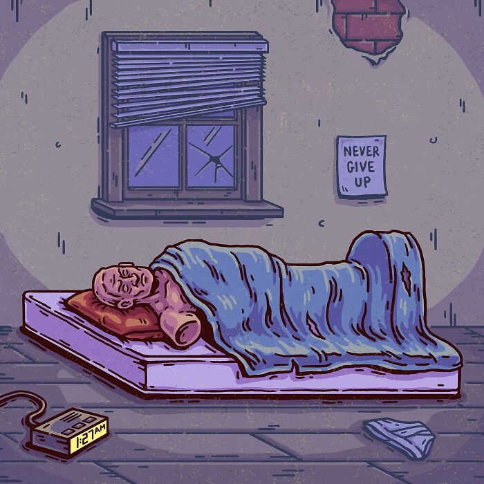 Absurd comic illustration showing a surreal scene of a sleeping person with a distorted arm in a dim room.