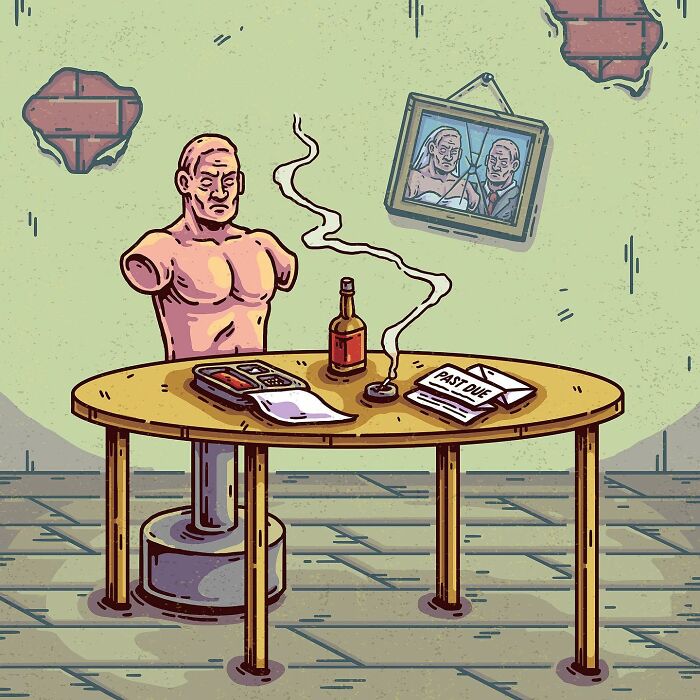 Absurd comic art showing a surreal scene with a headless male figure at a table with bills and a smoking ashtray.