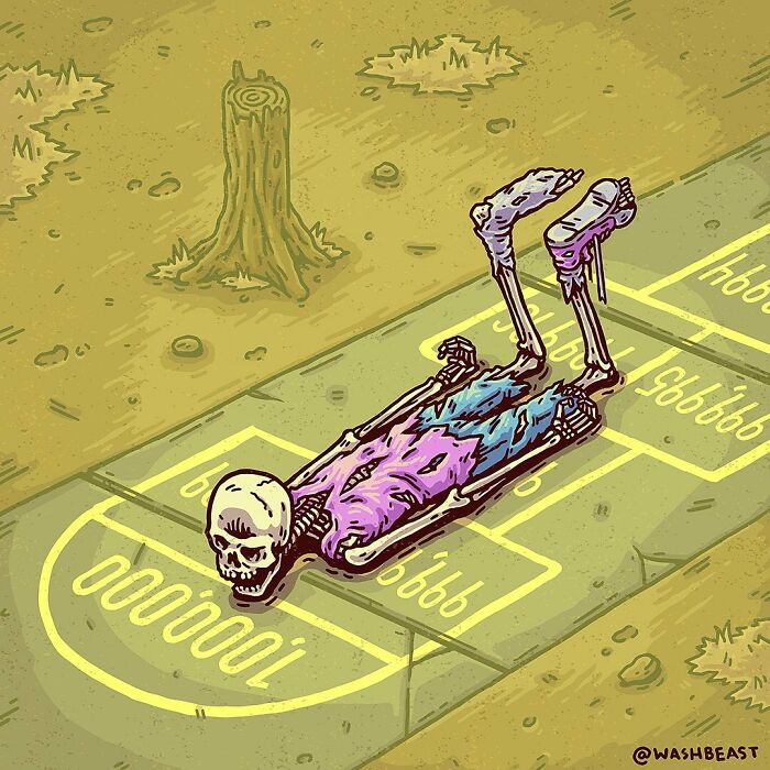 Absurd comic art of a skeleton lying on the ground, turning an everyday scene into a strange surreal tale.
