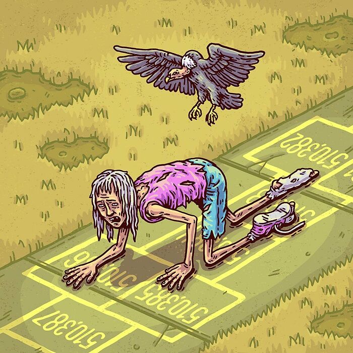 Surreal comic art showing a distressed figure on a hopscotch grid with a vulture flying overhead in an absurd scene.