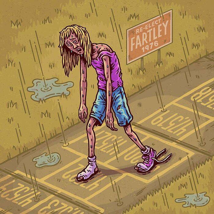Surreal comic art depicting a weary figure walking in the rain on a numbered hopscotch, illustrating absurd everyday scenes.