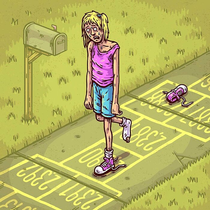 Surreal comic art of a tired young girl losing her shoe while hopping on a numbered path in an absurd everyday scene.