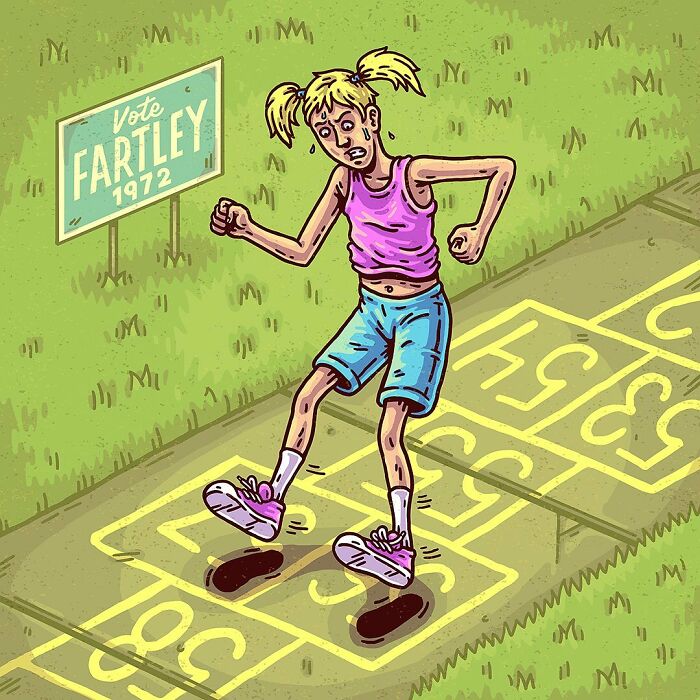 Surreal comic art of a girl playing hopscotch on a cracked sidewalk with shadows acting independently in absurd scenes.