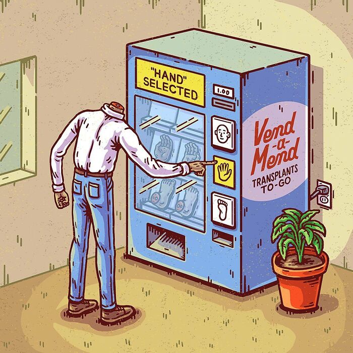 Absurd comic illustration showing a headless figure selecting a hand from a surreal transplant vending machine.