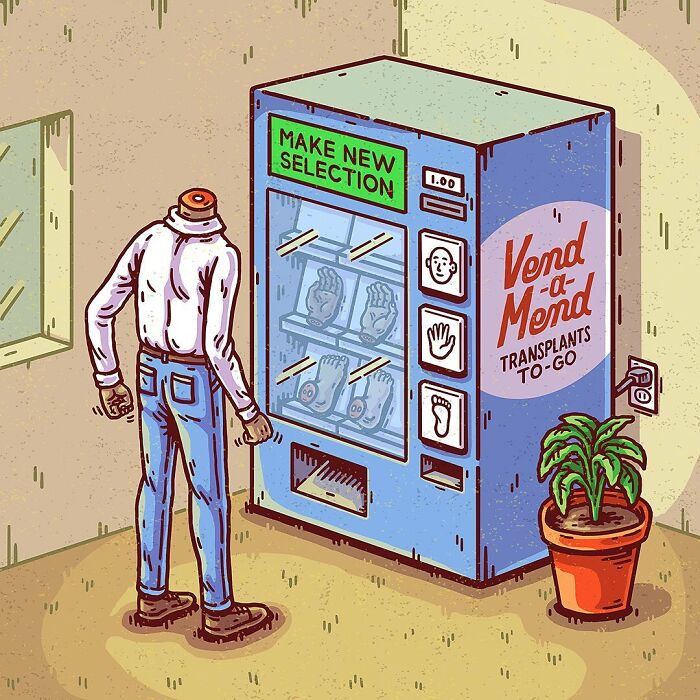 Absurd comic scene shows headless man choosing body part transplants from surreal vending machine.