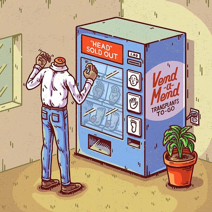 Absurd comic showing a headless man buying body part transplants from a surreal vending machine.