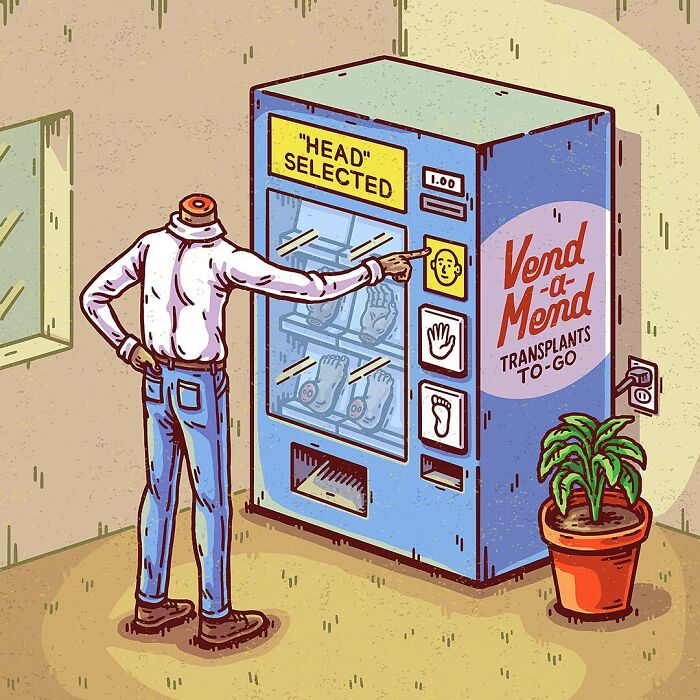 Absurd comic scene showing a headless man selecting a head from a surreal transplant vending machine.