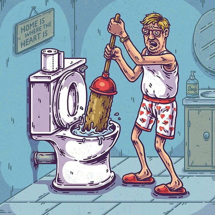 Surreal comic illustration of a man plunging a toilet with exaggerated, absurd elements in a strange everyday scene.