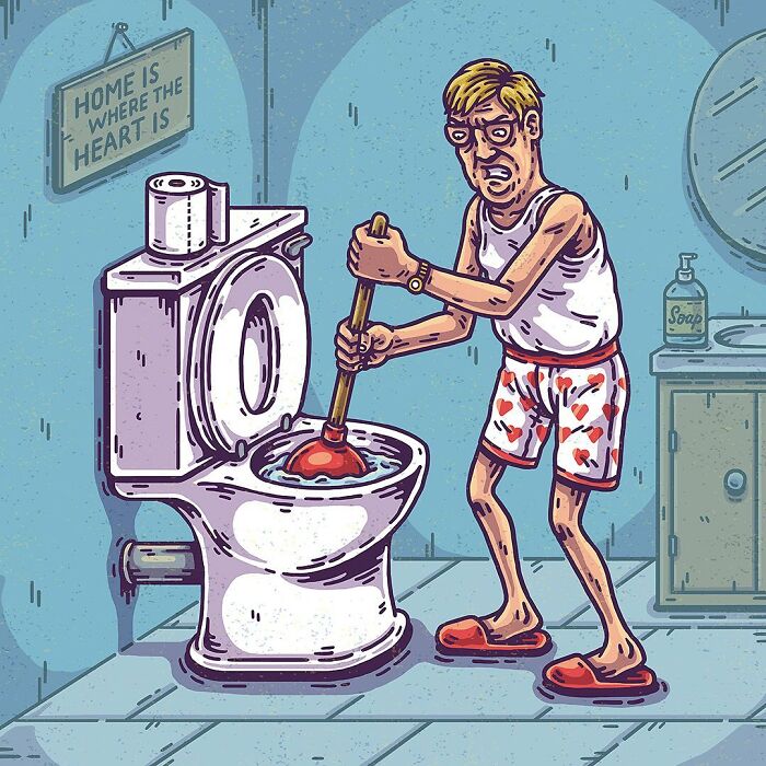 Absurd comic illustration of a man plunging a toilet in a surreal bathroom scene with a heart-themed sign and shorts.